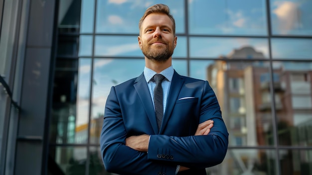 Un homme d'affaires confiant se tient les bras croisés devant un immeuble de bureaux moderne.