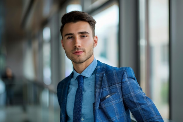 Photo homme d'affaires en costume bleu près de la fenêtre