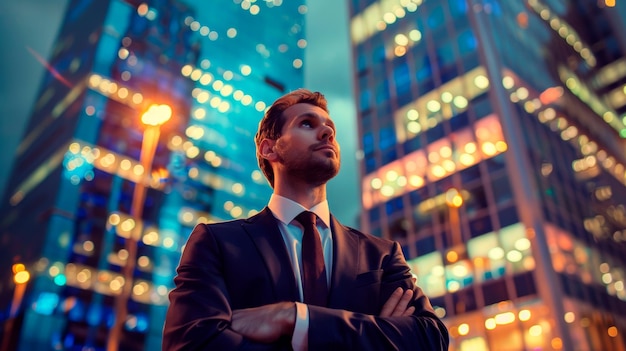 Homme d'affaires en costume et cravate debout devant de hauts bâtiments IA générative