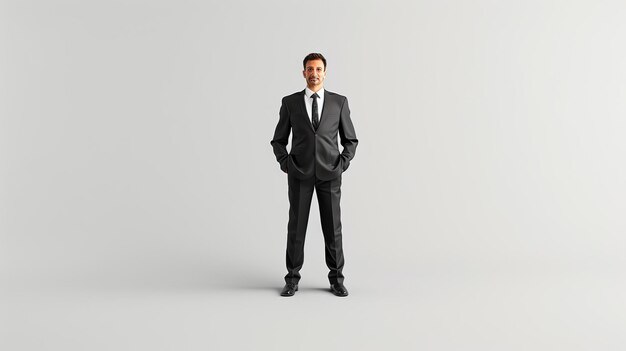 Homme d'affaires en costume debout avec les mains dans les poches isolé sur fond blanc rendu 3D
