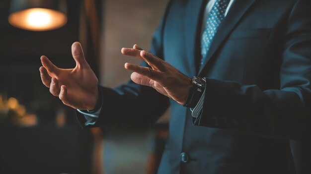 Un homme d'affaires en costume fait une présentation avec ses mains.