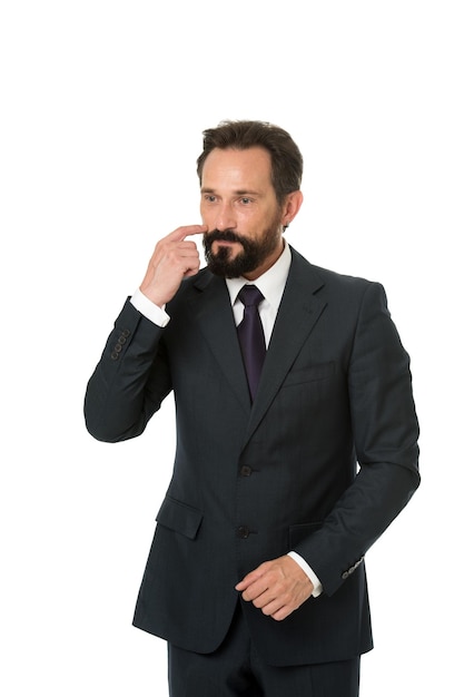 Homme d'affaires costume formel homme mûr isolé blanc homme d'affaires barbu entrepreneur pensif concept d'homme d'affaires pensif