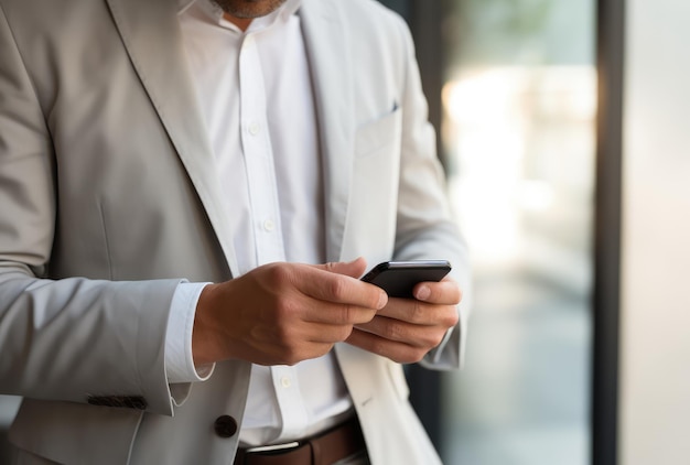 Un homme d'affaires en costume léger utilisant un smartphone