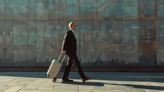 Photo homme d'affaires en costume marchant avec une valise dans la rue de la ville professionnel masculin confiant en mouvement