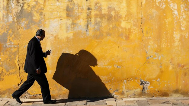 Un homme d'affaires en costume marche seul dans la rue.