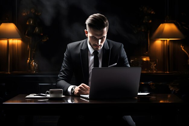 Homme d'affaires en costume noir travaillant en tapant sur un ordinateur portable, surfer sur Internet sur la table au bureau