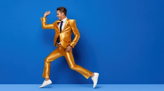 Un homme d'affaires en costume d'or en train de danser à nouveau.