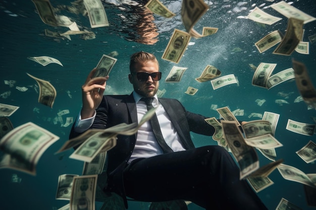 Homme d'affaires en costume se noyant sous l'eau avec des billets en dollars Homme autoritaire plongeant dans la piscine Concept de faillite et de problèmes dans les affaires