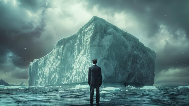 Un homme d'affaires en costume se tient attentif et regarde devant lui un énorme iceberg.