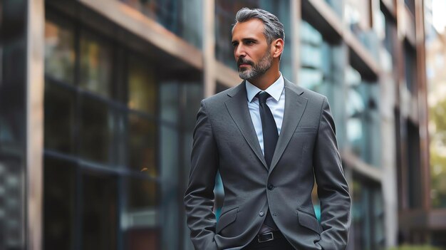 Un homme d'affaires en costume se tient devant un immeuble de bureaux, les mains dans les poches et détourne le regard de la caméra.