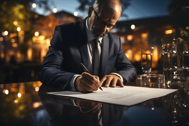 Un homme d'affaires en costume signe un contrat d'achat d'une propriété.