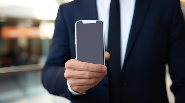 Un homme d'affaires en costume tenant un smartphone