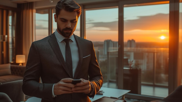 Homme d'affaires en costume utilisant un smartphone dans un bureau moderne au coucher du soleil