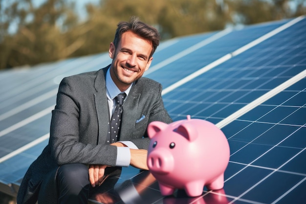 Un homme d'affaires à côté de panneaux solaires avec une tirelire rose sur eux suggérant des économies lors de l'utilisation de pannes solaires