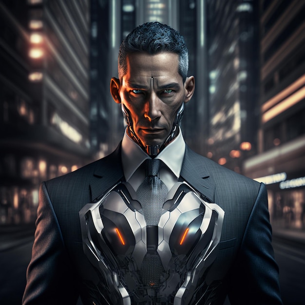 Homme d'affaires cyborg masculin dans un costume coûteux