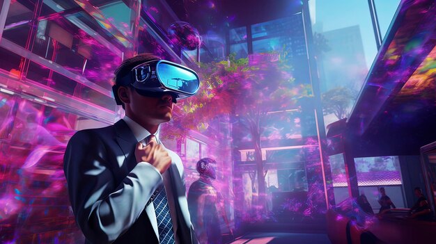 Photo un homme d'affaires dans un bureau futuriste immergé dans un monde de réalité virtuelle