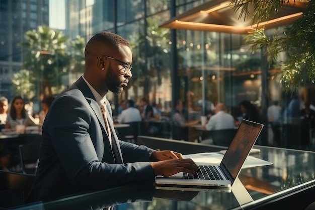 Un homme d'affaires dans un café avec un ordinateur portable profondément concentré