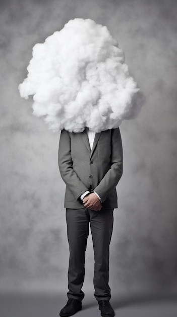 Homme d'affaires dans le nuage Imagination Rêver Collage d'art contemporain d'une tête humaine dans un nuage blanc