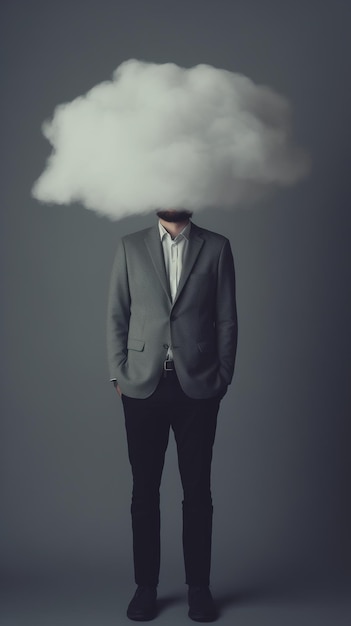 Homme d'affaires dans le nuage Imagination Rêver Collage d'art contemporain d'une tête humaine dans un nuage blanc