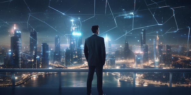 Homme d'affaires dans une ville réseau futuriste prospère à l'ère numérique