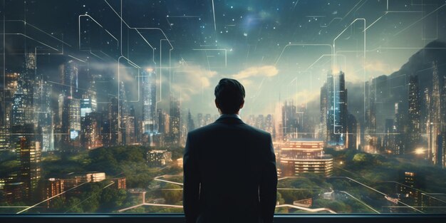 Homme d'affaires dans une ville réseau futuriste prospère à l'ère numérique