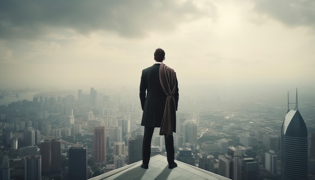 Un homme d'affaires debout au sommet d'un gratte-ciel surplombant la ville avec une pose de super-héros