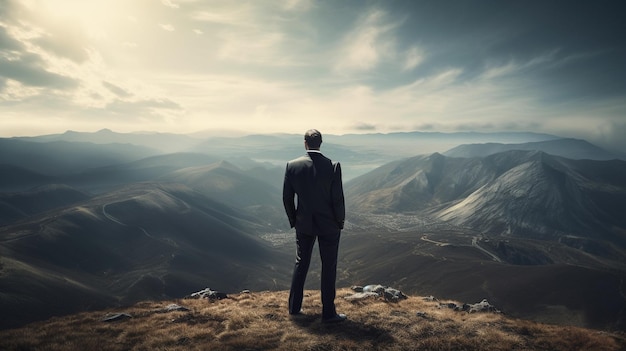 Homme d'affaires debout au sommet d'une montagne et regardant la vallée Generative Ai