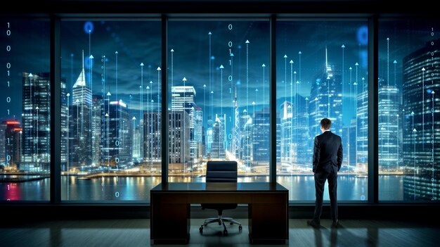 Homme d'affaires debout dans un bureau avec bureau regardant une vue panoramique sur l'horizon nocturne double exposition de flèches et de lignes montantes avec concept binaire de connexion et de ville intelligente