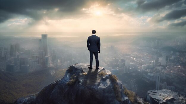 Un homme d'affaires debout sur une falaise au-dessus d'une ville