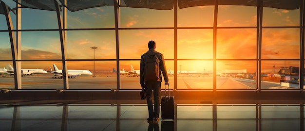 homme d'affaires debout à la fenêtre de l'aéroport au terminal de l' aéroport IA générative