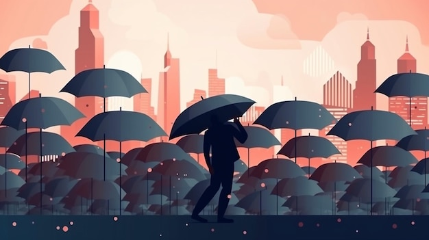 Homme d'affaires debout avec parapluie et regardant le panorama de la ville sous la pluie générative ai