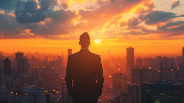 Photo un homme d'affaires debout avec un paysage urbain au coucher du soleil en arrière-plan