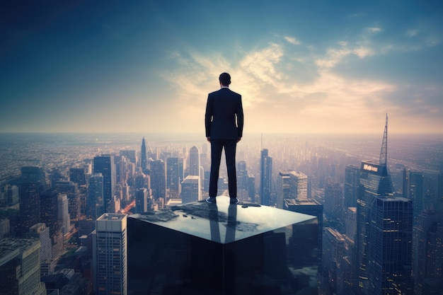 Homme d'affaires debout sur un toit envisageant le succès futur de son entreprise