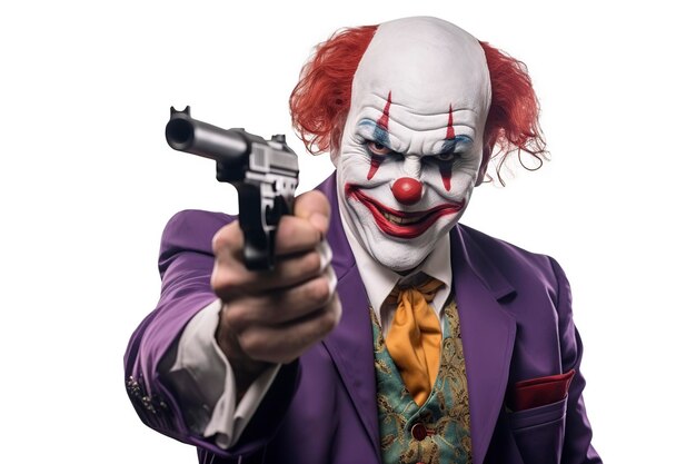 Photo un homme d'affaires déguisé en clown avec une arme à feu.