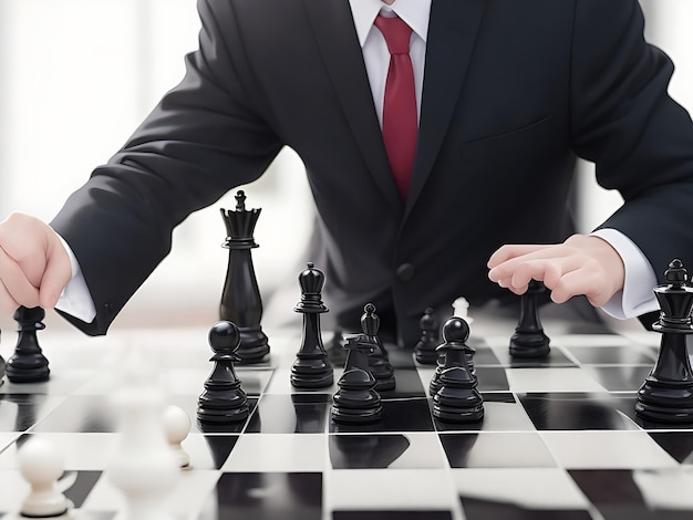 Un homme d'affaires déplace une pièce d'échecs sur un jeu d'échec.