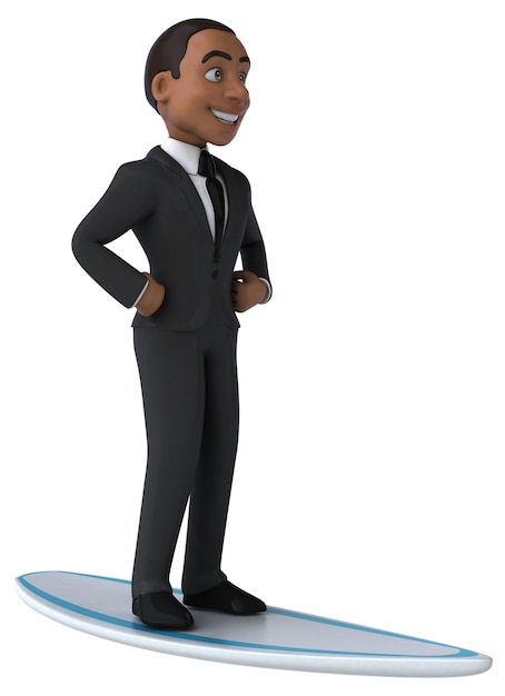 Homme d'affaires de dessin animé 3D amusant surf
