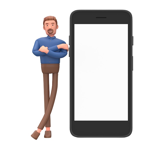 Homme d'affaires de dessin animé stand avec smartphone mobile.