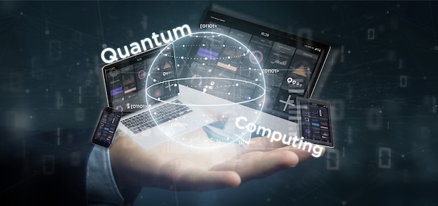 Homme D'affaires Détenant Le Concept Informatique Quantum Avec Rendu 3d De Qubit Et Périphériques