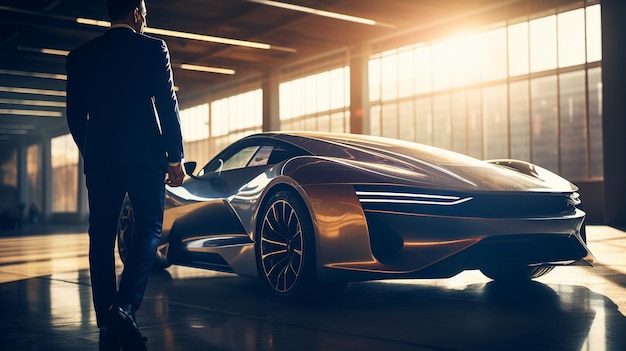 Un homme d'affaires déterminé devant une supercar électrique élégante Generative AI