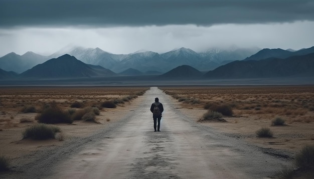 Un homme d'affaires déterminé à vélo sur un terrain extrême profitant de la solitude générée par l'IA