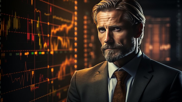 Un homme d'affaires devant des graphiques de marché boursier forex affiche avec espace de copie Personne fictive IA générative