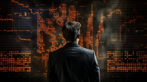 Un homme d'affaires devant des graphiques de marché boursier forex affiche avec espace de copie Personne fictive IA générative