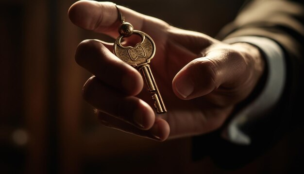 Homme d'affaires déverrouillant le succès avec le symbole clé de la maison à l'ancienne de la sécurité générée par l'IA