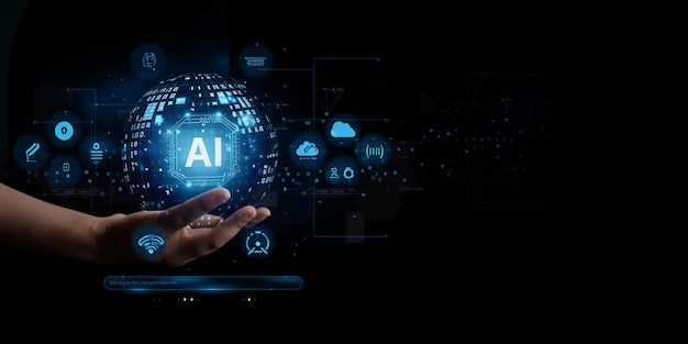Un homme d'affaires discutant avec l'IA ou la technologie d'intelligence artificielle Un homme utilise un ordinateur portable pour