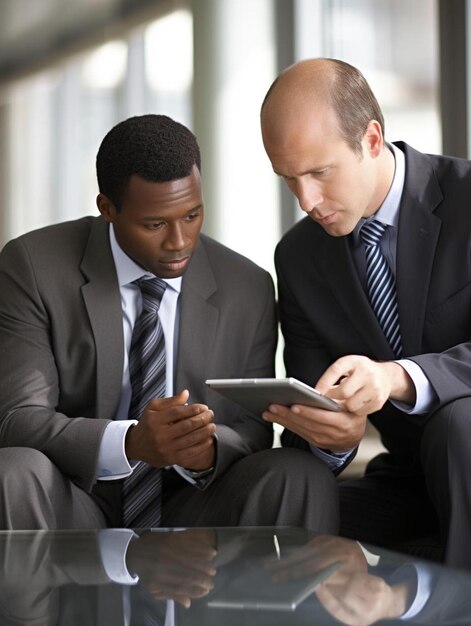 Un homme d'affaires discute avec un collègue sur une tablette.