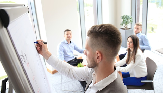 Homme d'affaires donnant une présentation sur flipchart. Concept de travail d'équipe