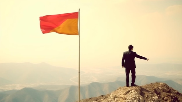 Homme d'affaires avec un drapeau au sommet d'une montagne Homme daffaires grimpant pour des objectifs de réussite commerciale Illustrateur d'IA générative