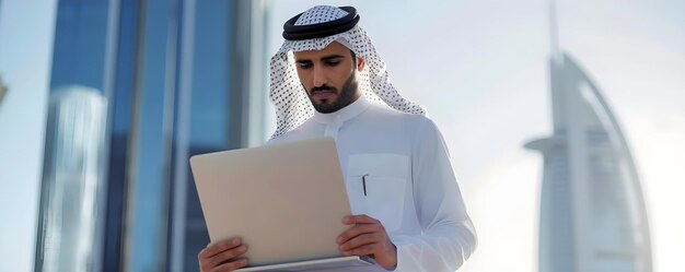 Un homme d'affaires du Moyen-Orient travaillant à l'extérieur avec un ordinateur portable embrassant l'entreprise moderne Concept Laptop d'homme d'affaires Moyen-Orient à l'intérieur embrassant les affaires modernes