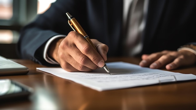 Un homme d'affaires écrit sur une feuille de papier