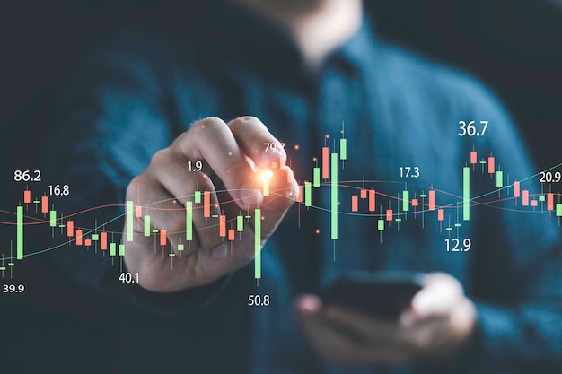 Homme d'affaires écrivant sur un moniteur virtuel pour analyser le graphique technique du marché boursier et le graphique pour l'investissement des commerçants en utilisant le concept technologique